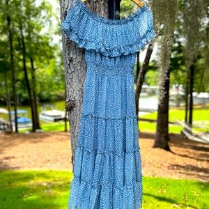 Idem Ditto Blue Boutique Chiffon Off Shoulder Dress Peasant Ruffle